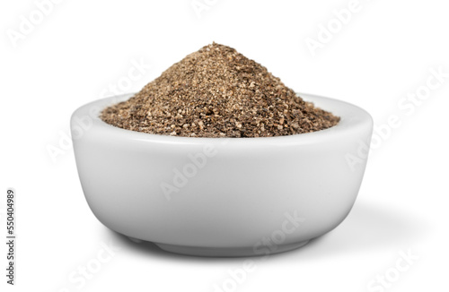 Collection of different spices with names in white pans, isolated