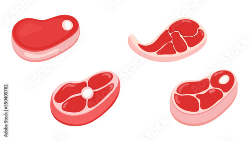 Cartoon beef steaks.Set of juicy and tender pieces of meat.Meat steaks collection close-up on a white background.