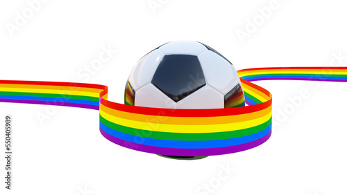 3D design of a Rainbow flag ribbon arround a soccer ball or football.