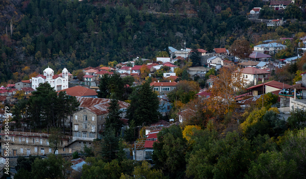 Mountain village of pedoulas at  Troodos mountains Cyprus in autumn.