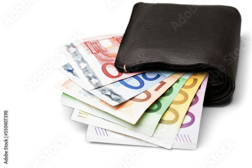 Leather wallet with euro banknotes isolated on white background