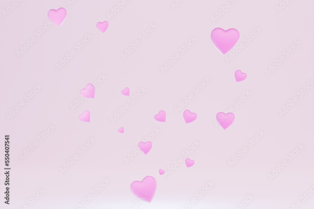 an abstract background consisting of hearts flying over a pastel background. 3D render