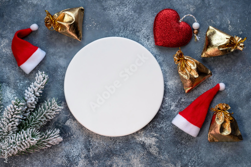 Round coasters made of artificial stone tabletop. Food stan.	Grocery counter. View from above. Food mill. Christmas background.
