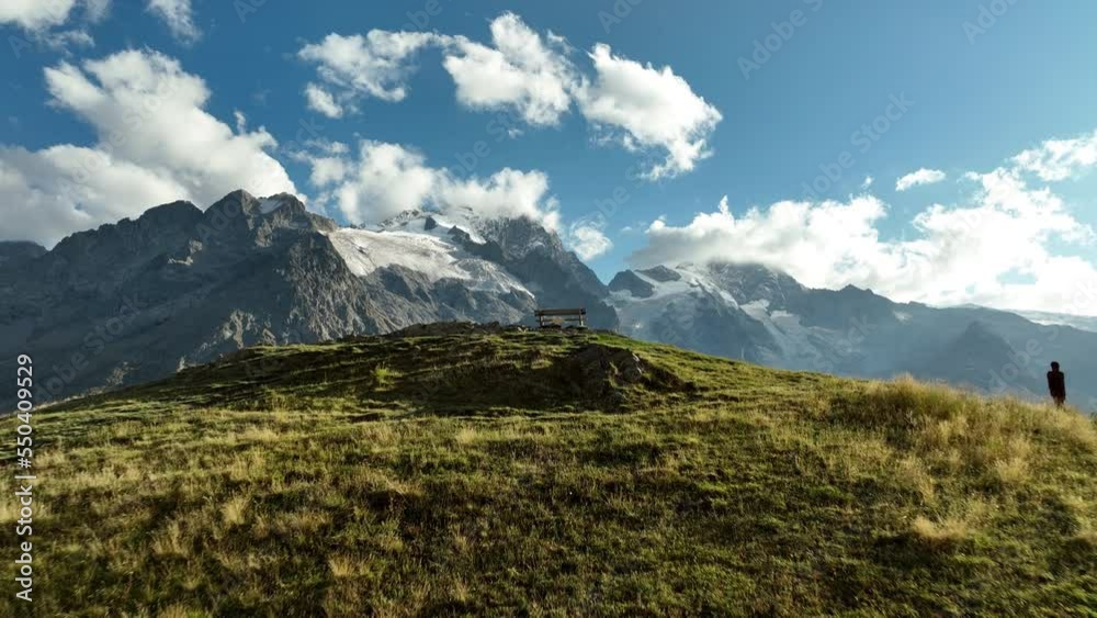 Bench view point over la Meije glacier french Alps aerial shot 