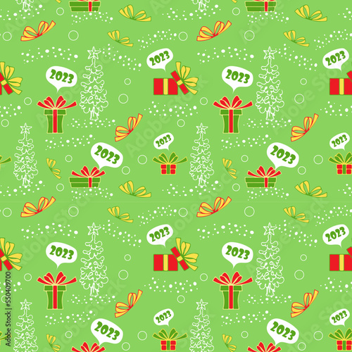 Christmas vector seamless pattern with gift boxes, chrismas tree and snowflakes on green background. New year vector design. Wrapping paper for Christmas gift boxes