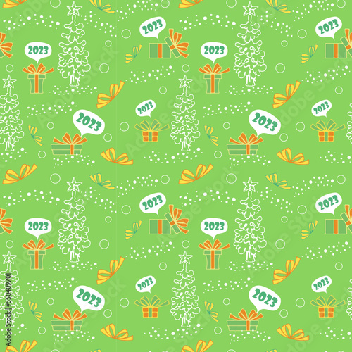 Christmas vector seamless pattern with gift boxes, chrismas tree and snowflakes on green background. New year vector design. Wrapping paper for Christmas gift boxes