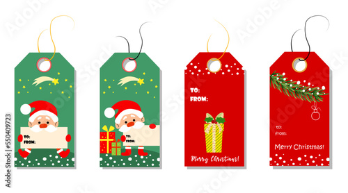 Christmas tags cute collection. Labels with christmas tree, gift, and Saint Claus. Vector illustration