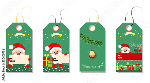 Christmas tags cute collection. Labels with christmas tree and Santa Claus. Vector illustration