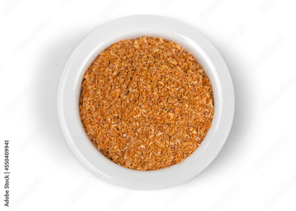 Various kinds of spices in sixteen white square bowls Various kinds of spices in sixteen white square bowls