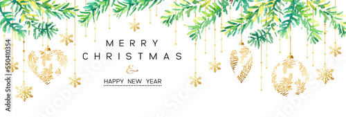 Vector illustration of Christmas Background with branches of christmas tree on white in watercolor style. Happy new year greeting.
