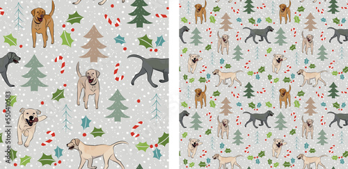 Seamless dog pattern, winter Happy Christmas texture. Square format, t-shirt, poster, packaging, textile, socks, textile, fabric, decoration, wrapping paper. Trendy hand-drawn  Labrador dog breed.