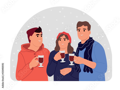 Winter happiness, mulled wine or coffee drink for a snowy winter. Characters with hot drinks. Friends spend time together Vector illustration in flat cartoon style.