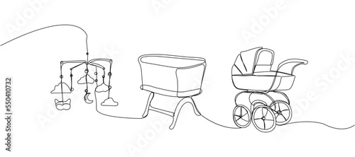 Set of baby stroller, baby carrier, bed and mobile one line art. Continuous line drawing of childhood, safety, protection, crib, children s sleep, sleep, relaxation, recreation.