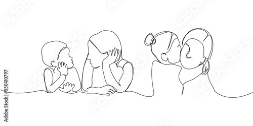 Set of mother with daughter, son one line art. Continuous line drawing of motherhood, family, love, child, communication, family portrait, mother s day, lifestyle.