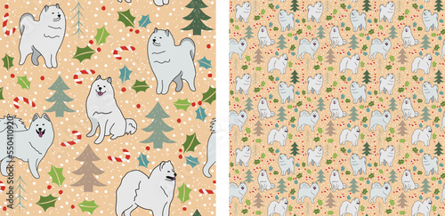 Seamless dog pattern, winter Happy Christmas texture. Square format, t-shirt, poster, packaging, textile, socks, textile, fabric, decoration, wrapping paper. Trendy hand-drawn  Samoyed dog breed.