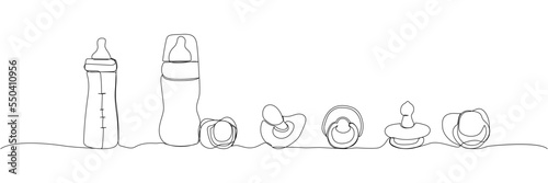 Set of baby bottle with pacifier, nipple one line art. Continuous line drawing of milk, feeding, baby, newborn, child, baby food, baby food, natural feeding, health.