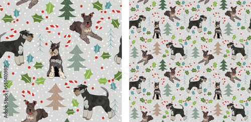 Seamless dog pattern, winter Happy Christmas texture. Square format, t-shirt, poster, packaging, textile, socks, textile, fabric, decoration, wrapping paper. Trendy hand-drawn  Schnauzer dog breed.