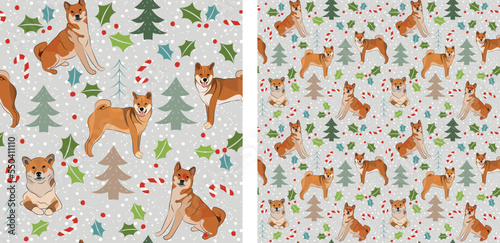 Seamless dog pattern, winter Happy Christmas texture. Square format, t-shirt, poster, packaging, textile, socks, textile, fabric, decoration, wrapping paper. Trendy hand-drawn  Shiba Inu dog breed.