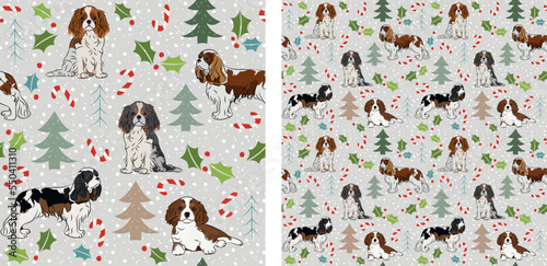 Seamless dog pattern, winter Happy Christmas texture. Square format, t-shirt, poster, packaging, textile, socks, textile, fabric, decoration, wrapping paper. Trendy hand-drawn  Cavalier dog breed.