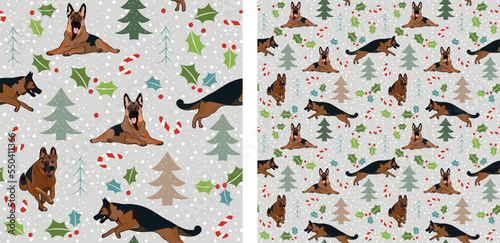 Seamless dog pattern, winter Happy Christmas texture. Square format, t-shirt, poster, packaging, textile, socks, textile, fabric, decoration, wrapping paper. Trendy hand-drawn  German Shepherd dog.