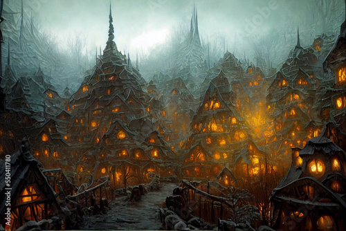 fantasy epic darkwood viking wintry forest village, intricate sprawling wacky wondrous mythic wonders background.