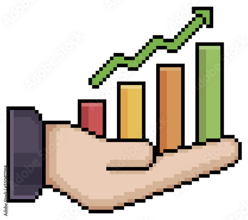 Pixel art hand holding bar chart vector icon for 8bit game on white background
