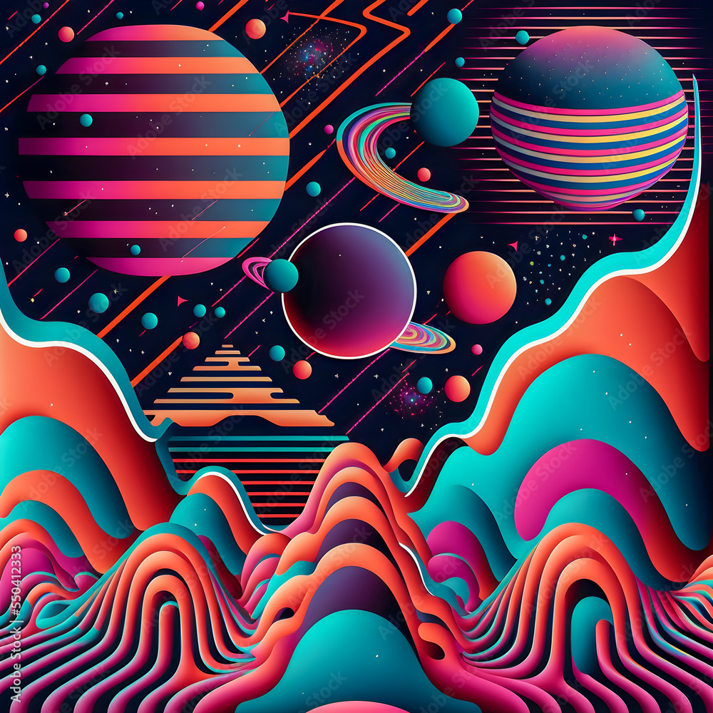 Obraz premium Retro Syntwave Space repeating pattern