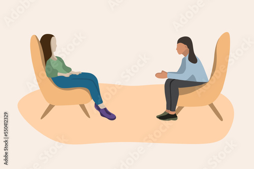 Vector isolated illustration of two women talking. Reception at the psychologist.