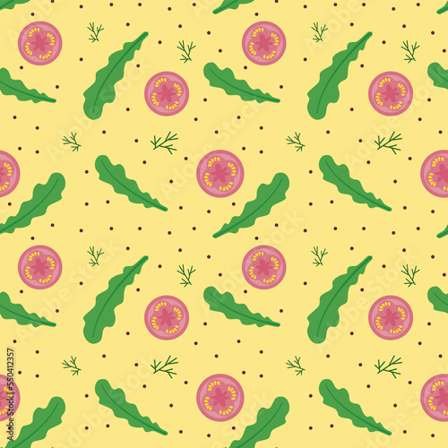 Food background, seamless pattern of arugula and tomatoes. Healthy eating. Vegetarian, vector illustration of a farmer's grocery store, light yellow color.