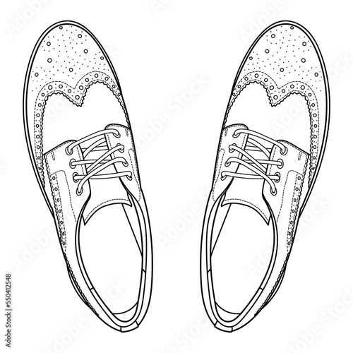 Vector hand drawing illustration with autumn or spring men brogue fashion shoes, top view. Doodle outline illustration
