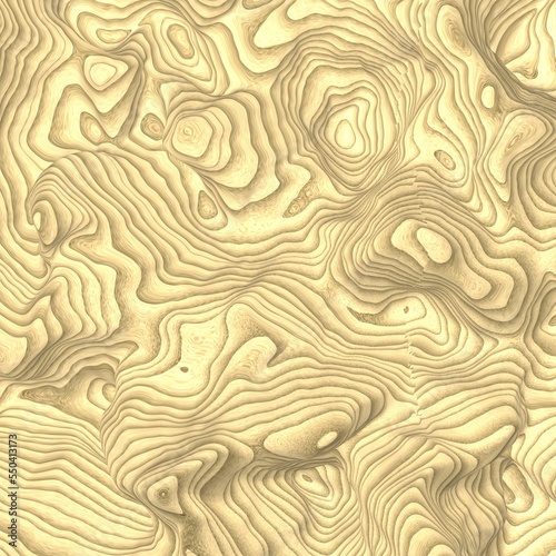 Topographic terrain map, abstract earth wave relief, contour yellow sand dunes background. Geographic grid, elevation map, in brown colors. Mountain surface in top view. 3d render illustration