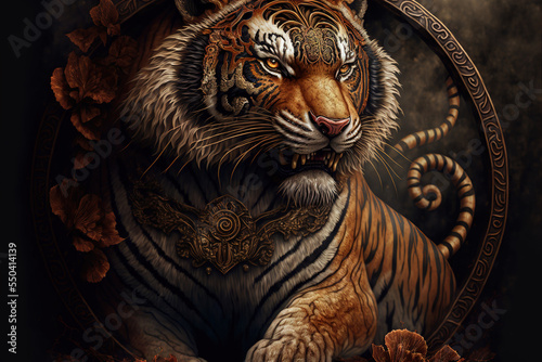 Tiger painting, Chinese style illustration. Year of the tiger, Chinese new year.