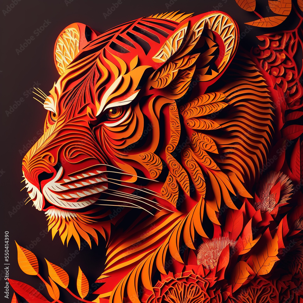 Tiger papercraft, Chinese style papercut. Year of the tiger, Chinese new year.