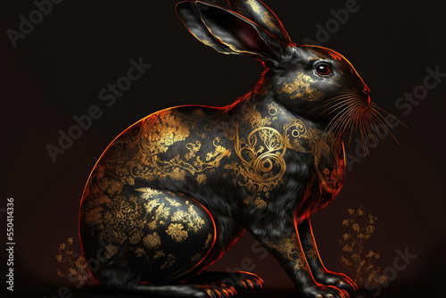 Black rabbit, Chinese illustration style. Year of the rabbit. Gold, black and red.