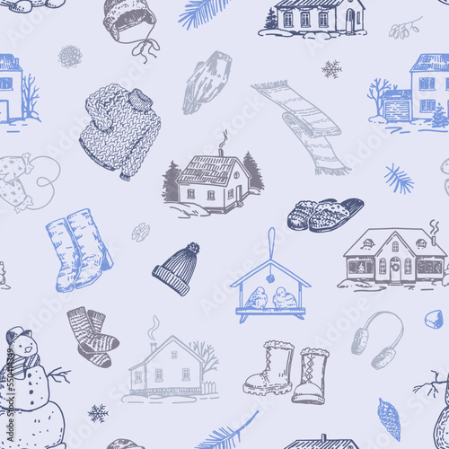 Snowy houses, warm wear, cozy winter time ornament in sketch style. Vector seamless pattern for holiday design, background, wallpaper, decor.
