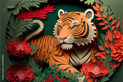 Tiger papercraft  Chinese style papercut. Year of the tiger  Chinese new year.