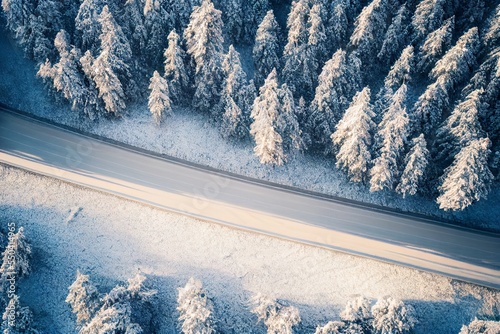 snow covered road and trees in winter