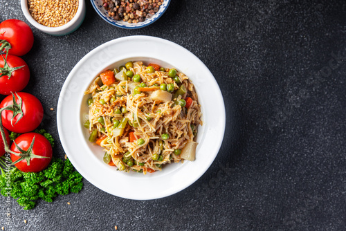 vegetarian rice noodles vegetables veggie vegan food asian food ready to cook delicious snack healthy meal food snack on the table copy space food background rustic top view