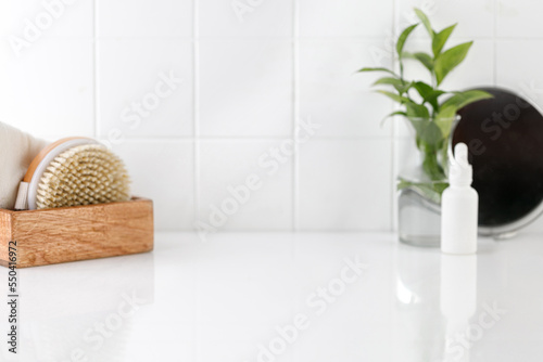 Background for product presentation for cosmetic, mock up. Tile, white cosmetic table with mirror.and accessories. Bathroom view.