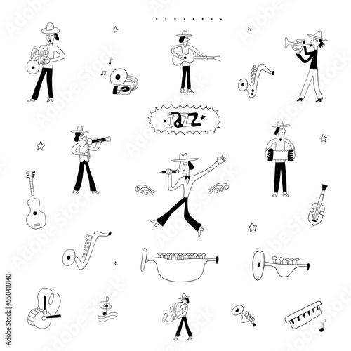Jazz music , musicians band - doodle set , cartoons
