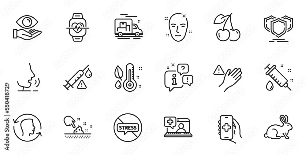 Outline set of Medical help, Shields and Stop stress line icons for web application. Talk, information, delivery truck outline icon. Include Animal tested, Health app, Dont touch icons. Vector Outline set of Medical help, Shields and Stop stress line icons for web application. Talk, information, delivery truck outline icon. Include Animal tested, Health app, Dont touch icons. Vector