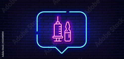 Neon light speech bubble. Medical vaccination line icon. Medicine vaccine sign. Pharmacy medication symbol. Neon light background. Medical vaccination glow line. Brick wall banner. Vector
