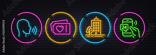 Skyscraper buildings, Human sing and Love tickets minimal line icons. Neon laser 3d lights. 24h service icons. For web, application, printing. Town architecture, Talk, Valentine day. Vector