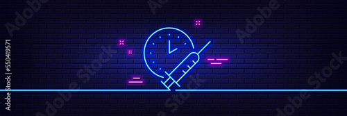 Neon light glow effect. Vaccination schedule line icon. Vaccine syringe sign. Second injection time symbol. 3d line neon glow icon. Brick wall banner. Vaccination schedule outline. Vector