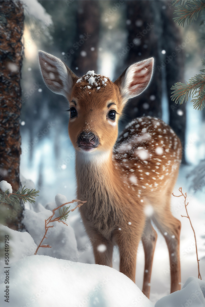 Obraz premium Fawn in winter forest scene
