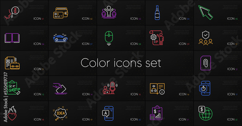 Set of Heart flame, Ab testing and Report line icons. Include Scroll down, Mobile like, Checklist icons. Winner, Attachment, World money web elements. Wallet, People insurance. Vector