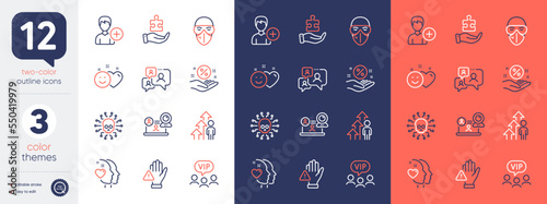 Set of Video conference, Puzzle and Heart line icons. Include Employee result, Medical mask, Loan percent icons. Support chat, Add person, Cyber attack web elements. Vip clients. Vector