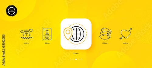 Pillow, World travel and Honeymoon cruise minimal line icons. Yellow abstract background. Crane claw machine, Love icons. For web, application, printing. Vector