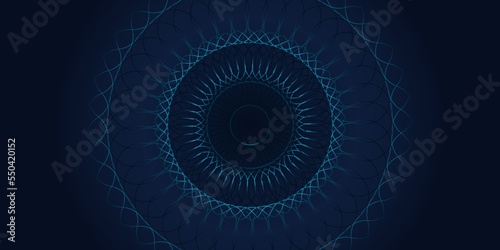 Vector abstract circle frame with wave lines pattern flowing in blue green colors isolated on dark background in concept of technology, ai, music, sound 