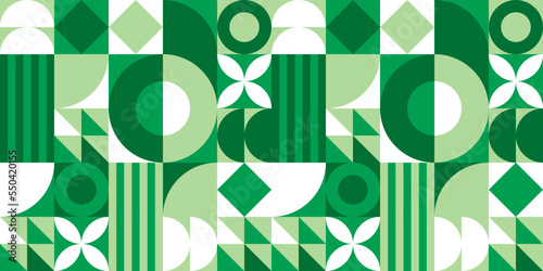 Festive geometric mosaic seamless pattern illustration with creative abstract shapes. Christmas season background print. Scandinavian minimalist shape texture, geometry collage.